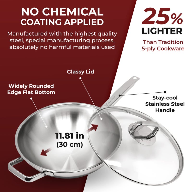 BUFFALO Clad Stainless Steel Wok Pan with Lid Flat Bottom 12 inch (30cm) - Small Stir Frying Pan with Stay-Cool Long Handle - Tri-Ply Nonstick Deep Cooking Pot for Induction/Electric/Gas Stoves - Image 4